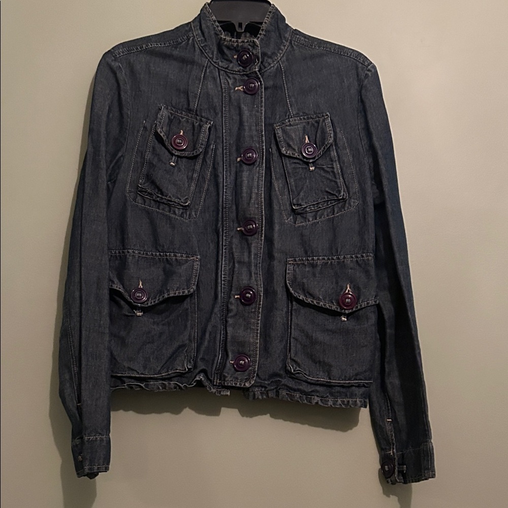 Dark Denim Utility Jacket with Purple Accents